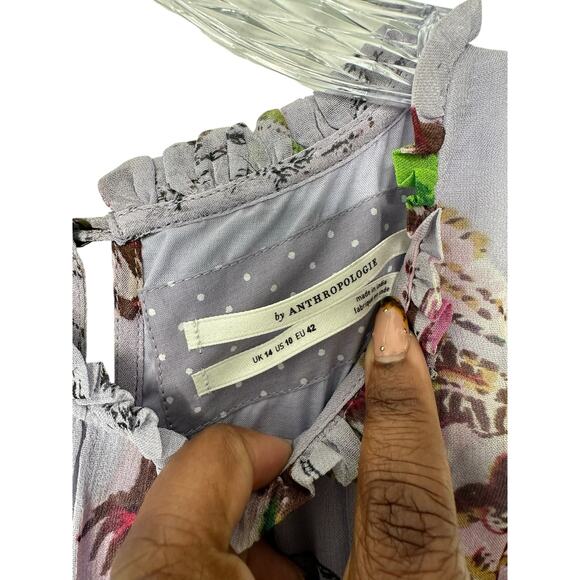 Anthropologie Purple Floral Sleeveless Flowy Ruffle Hermia Midi Dress Size 10 - Picture 3 of 13